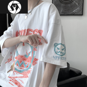 HongZun短袖T恤男夏季趣味涂鸦大码体恤衫学生嘻哈休闲圆领宽松打底X