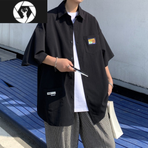 HongZun短袖衬衫男士ins潮牌设计感大码衬衣夏季港风宽松百搭外套