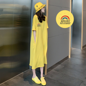 盛世尼曼棉孕妇装连衣裙女2021年新款夏季宽松大码短袖黄色长款t恤裙子