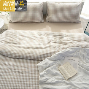 床上四件套棉棉ins北欧风床单 格子被套日系被单水洗棉三件套 三维工匠