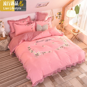 韩版网红绣花床罩床裙式四件套公主风花边被套床单少女心床上用品 三维工匠