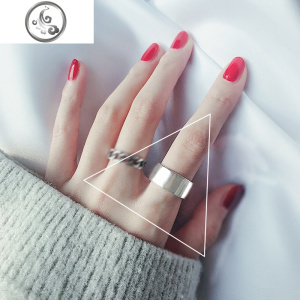 纯银戒指女日韩国潮人学生简约创意开口复古做旧大宽面链条食指戒 JiMi