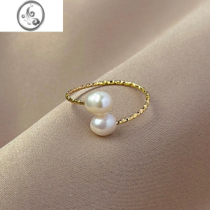 JiMi个性轻奢时尚双珠戒指女小众设计小米粒高光铸金螺纹淡水珍珠
