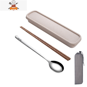 敬平木质筷子勺子套装304不锈钢学生便携日式叉子三件套装收纳餐具盒