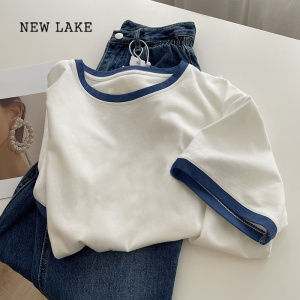 NEW LAKE白色纯棉短袖t恤女夏季小众设计感复古港味chic撞色女装上衣ins潮