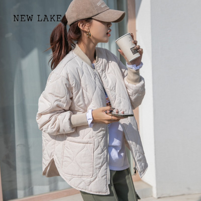 NEW LAKE韩国chic减龄复古立领棒球服简约菱形格宽松大口袋外套棉袄女