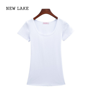 NEW LAKE2024新款夏装U领短袖T恤 大码女装简约修身白色性感低领露背小衫