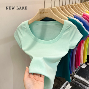 NEW LAKE欧货白色t恤女短袖夏季2024新款小众设计感低圆领修身短款上衣女