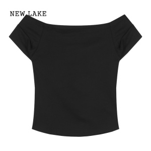 NEW LAKE一字肩性感辣妹短袖T恤女夏季修身显瘦内搭复古黑色气质短款上衣