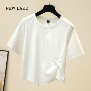 NEW LAKE2024夏季新款不规则设计感白色短袖T恤女夏小众褶皱短款上衣ins潮