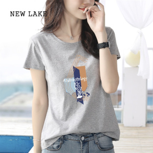 NEW LAKE2024年新款夏季印花纯灰色短袖t恤女纯棉修身显瘦半袖打底体桖衫