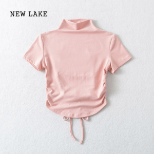 NEW LAKE设计感心机后绑带露背短袖修身T恤夏季新款女辣妹短款立领上衣女