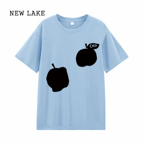 NEW LAKE白色宽松短袖女2024新款夏季苹果印花创意休闲百搭半袖T恤上衣ins