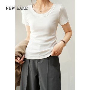 NEW LAKE优可丝木纤维 薄款 女士螺纹修身T恤 大圆领短袖打底衫