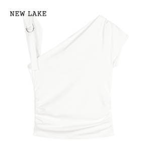 NEW LAKE甜辣妹单肩设计感短袖T恤女装夏季白色修身短款高腰性感露背上衣
