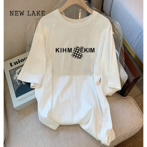 NEW LAKE2024纯棉白色短袖T恤女韩版宽松大码中长款简约时尚百搭上衣夏季