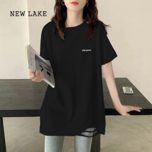 NEW LAKE黑色t恤女2024夏季新款洋气宽松设计感小众上衣纯棉体恤简约短袖