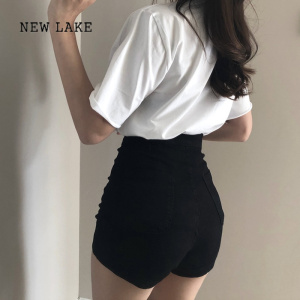 NEW LAKE适合胯大腿粗大码黑色牛仔短裤女2024年弹力高腰裤子胖mm包臀热裤