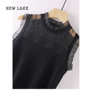 NEW LAKE法式蕾丝性感冰丝针织背心女夏西装内搭花边假领子无袖镂空打底衫