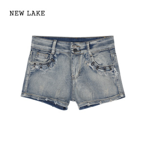NEW LAKE美式辣妹低腰牛仔短裤女夏季新款紧身包臀热裤蓝色性感直筒裤子