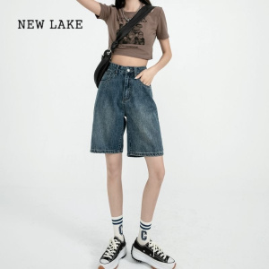 NEW LAKE2024年夏季新款小个子直筒牛仔短裤女中裤设计感薄款高腰五分裤子