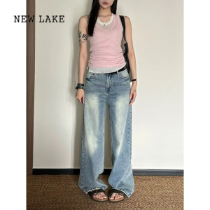 NEW LAKE大码复古廓形直筒牛仔裤女夏季美式高腰宽松垂感阔腿拖地长裤子潮