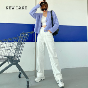 NEW LAKE175高个子粉色牛仔裤女加长版夏季高腰阔腿裤180长版垂感拖地裤