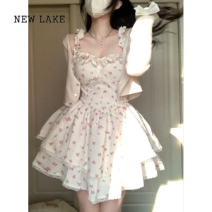 NEW LAKE法式碎花吊带连衣裙女夏季高级感气质收腰显瘦小个子公主蓬蓬短裙