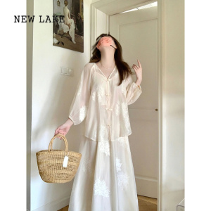 NEW LAKE新中式女装夏季大码胖mm改良汉服国风套装禅意刺绣连衣裙两件套