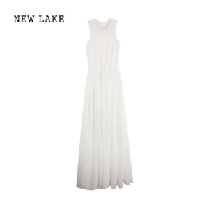 NEW LAKE法式白色背心裙无袖气质连衣裙女2024春季设计感长裙收腰显瘦裙子