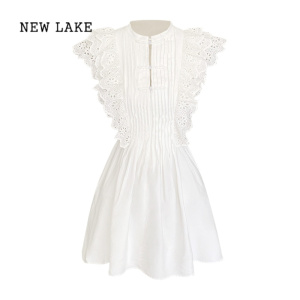 NEW LAKE高级感法式新中式纯色百搭现代中式风盘口立领小飞袖上衣连衣裙