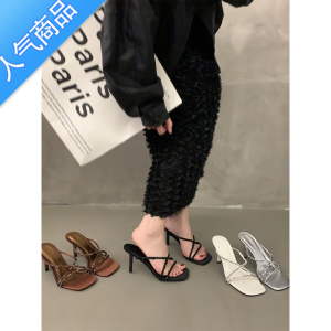 SUNTEK韩版时尚细跟银色高跟鞋一字带凉拖女鞋2023秋夏新款法式时装凉鞋