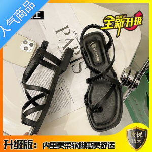 SUNTEK2023年夏季新款百搭平底凉鞋女网红一字带仙女风低跟配裙子的女鞋