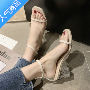 SUNTEK凉鞋女仙女风2023夏季新款法式小众一字带罗马透明水晶粗跟高跟鞋