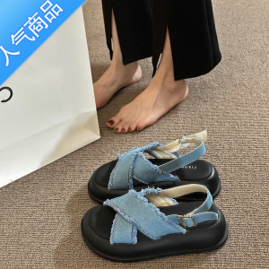 SUNTEK厚底交叉罗马凉鞋女夏季2023今年新款小众超火仙女风配裙子一字带