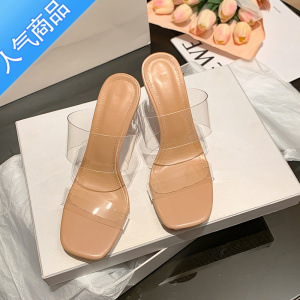 SUNTEK透明凉鞋女夏外穿2023新款粗跟水晶高跟鞋凉拖鞋
