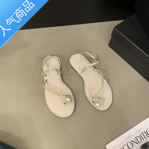 SUNTEK韩国凉鞋女夏季2023年新款小香风套趾链条简约软平底罗马沙滩鞋子