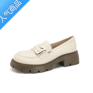 SUNTEK2023新款夏季软底白色小皮鞋女英伦百搭中跟单鞋一脚蹬厚底乐福鞋