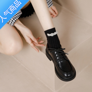 SUNTEK乐福鞋女鞋子新款2023春秋系带黑色JK洛丽塔软底单鞋小皮鞋