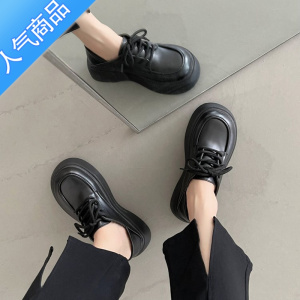 SUNTEK女厚底乐福鞋2023年秋季新款松糕鞋子英伦风粗跟单鞋jk黑色小皮鞋