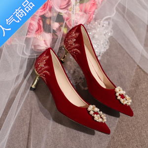 SUNTEK酒红色结婚鞋女2023年新款中式秀禾服婚纱两穿新娘鞋高跟鞋不累脚