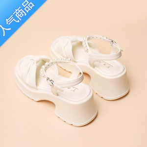 SUNTEK凉鞋女2023夏季新款白色厚底松糕粗跟一字带蝴蝶结罗马高跟鞋