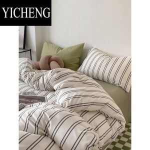 YICHENG中古风ins条纹床上四件套纯色复古简约被套床笠床单学生三件套1.5