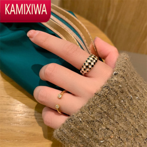 KAMIXIWA黑白棋盘格子两件套组合叠戴戒指女ins小众设计高级感网红食指环