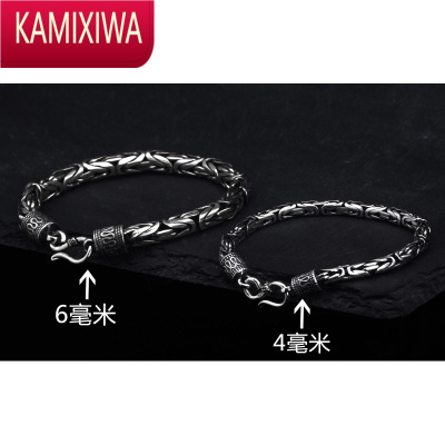 KAMIXIWA99足银复古手工做旧平安纹手链男士潮宫廷泰银百搭情侣款银饰品