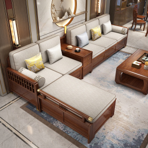 月影梳桐新中式客厅胡桃木实木沙发组合简约贵妃小户型高箱储物中式沙发