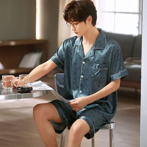 夏天冰丝短袖睡衣男青年开衫薄款透气丝绸睡衣宽松短裤套装家居服
