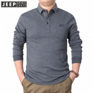 JEEP吉普长袖套头POLO衫宽松秋季纯色男装商务休闲T恤翻领