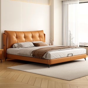 布雷尔现代简约真皮床小户型方形床意式极简轻奢主卧室双人储物床
