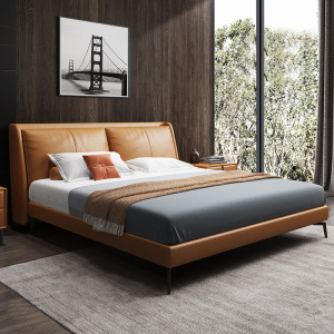布雷尔现代简约真皮双人床小户型主卧家用1.8米高箱储物极简婚床